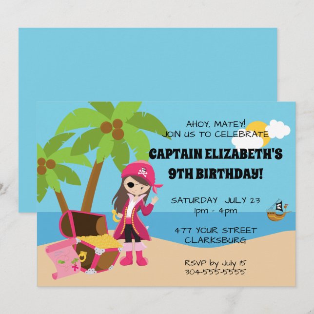 Invitation Fête d'anniversaire Pirate Rose (Devant / Derrière)