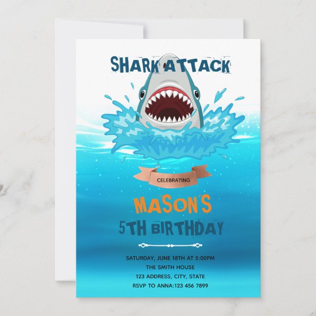 Invitation fête d'anniversaire piscine attaque de requin (Devant)