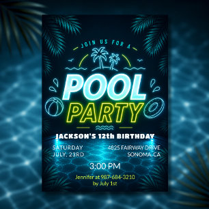 Invitation Fête d'anniversaire Piscine Bleu Vert Neon Glow