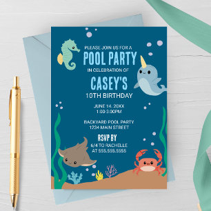 Invitation Fête d'anniversaire piscine d'animaux marins sous 