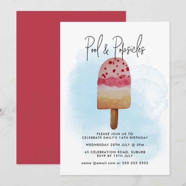 Invitation Fête d'anniversaire piscine d'été et popsicle aqua (Devant / Derrière)