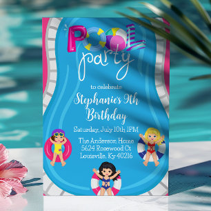 Invitation Fête d'anniversaire piscine rose filles été