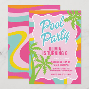 Invitation fête d'anniversaire piscine tourbillon malibu rose