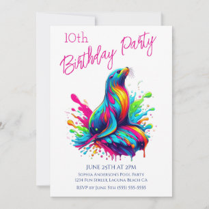 Invitation Fête d'anniversaire - Plongeon du lion de mer colo