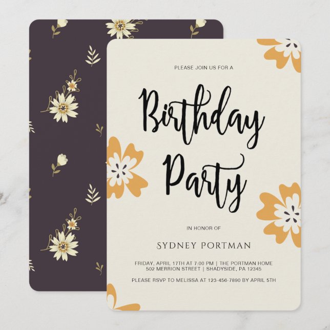 Invitation Fête d'anniversaire Plutôt Rustique Floral (Devant / Derrière)