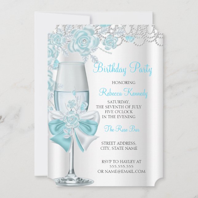Invitation Fête d'anniversaire Plutôt Turquoise Blue Rose Cha (Devant)