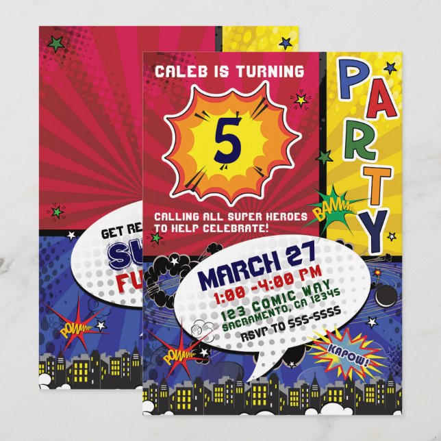 Invitation Fête d'anniversaire Pop Art de bande dessinée (Devant / Derrière)