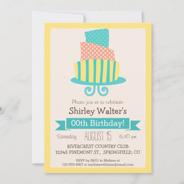 Invitation Fête d'anniversaire pour adultes jaune, rose et tu (Devant)