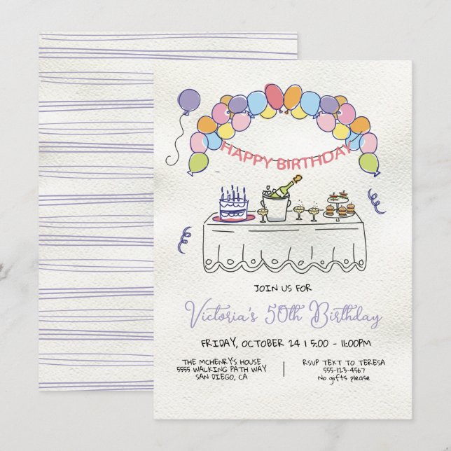 Invitation Fête d'anniversaire pour adultes Whimsical tiré à  (Devant / Derrière)