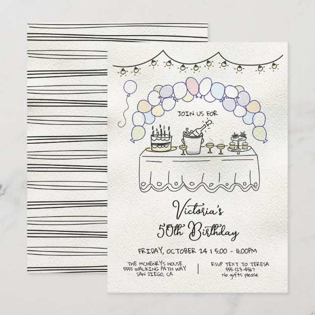 Invitation Fête d'anniversaire pour adultes Whimsical tiré à  (Devant / Derrière)