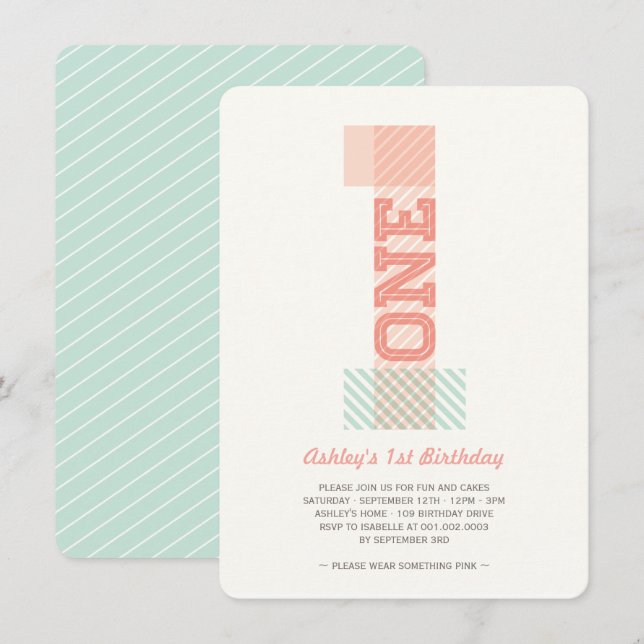 Invitation Fête d'anniversaire pour bébé fille avec rayures e (Devant / Derrière)