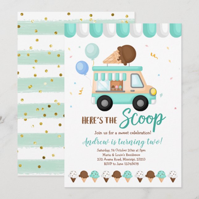 Invitation Fête d'anniversaire pour camion crème glacée bleu  (Devant / Derrière)