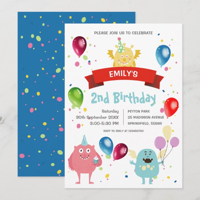 Invitation Fête d'anniversaire pour enfants avec ballon de Mo (Devant / Derrière)