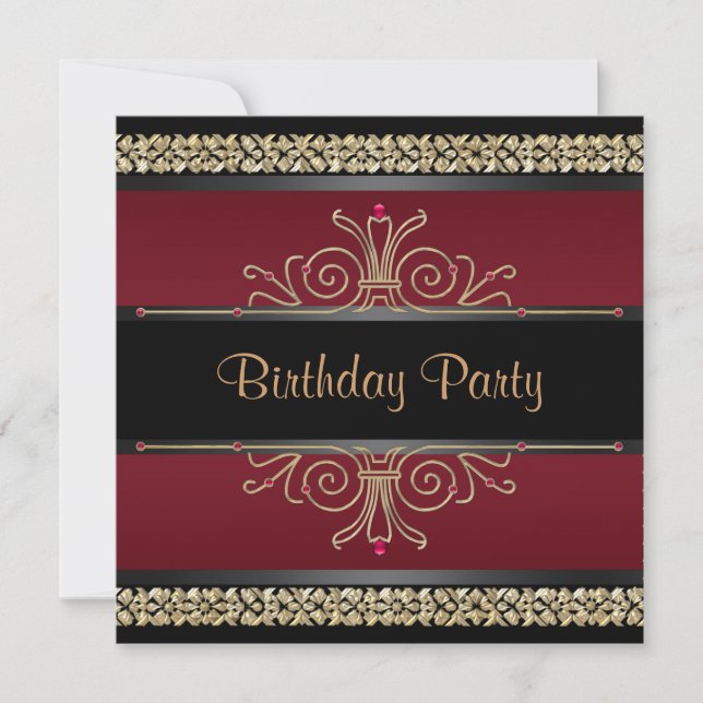 Invitation Fête d'anniversaire pour femme Or Noir Rouge Rubis (Devant)