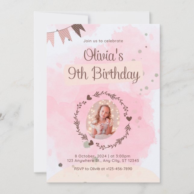 Invitation Fête d'anniversaire pour fille de neuf ans (Devant)