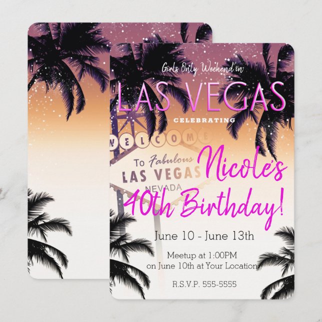 Invitation Fête d'anniversaire pour filles à Las Vegas en été (Devant / Derrière)