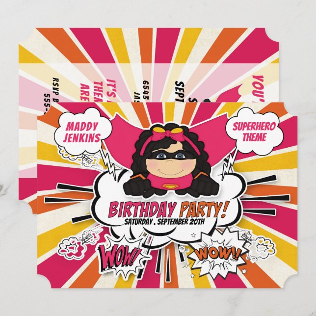 Invitation Fête d'anniversaire pour les filles Super Kids Pin (Devant / Derrière)