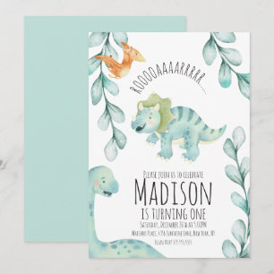 Invitation Fête d'anniversaire première dinosaure aquarelle b
