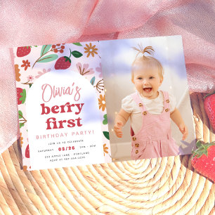 Invitation Fête d'anniversaire Première Photo Strawberry Berr