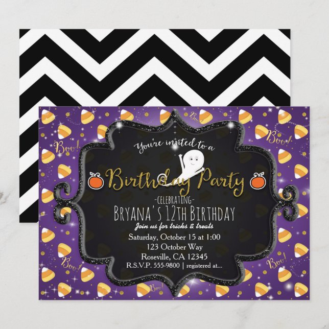 Invitation FÊTE D'ANNIVERSAIRE Purple Candy Corn Fantôme Invi (Devant / Derrière)