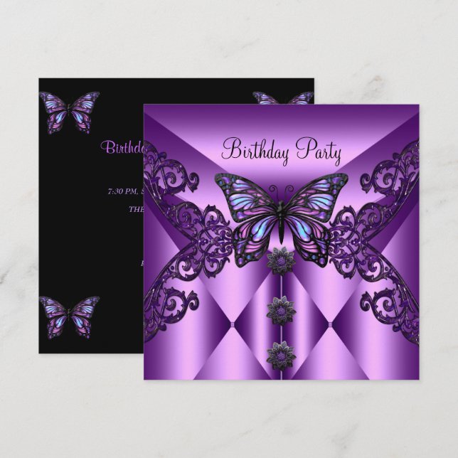 Invitation Fête d'anniversaire Purple Lilac Papillon (Devant / Derrière)