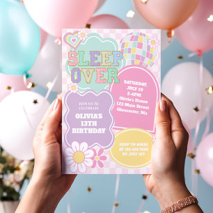 Invitation Fête d'anniversaire pyjama pastel Varsity