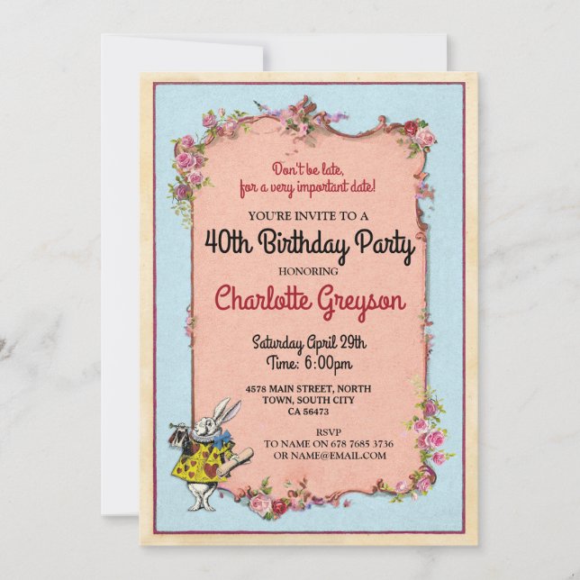 Invitation Fête d'anniversaire Rabbit Alice Wonderland Invita (Devant)