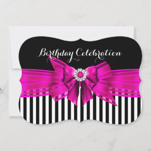 Invitation Fête d'anniversaire Rayure Rose Noir Blanc
