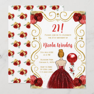 Invitation Fête d'anniversaire Red Hair Princesse en rouge