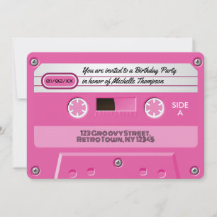 Invitation Fête d'anniversaire rétro cassette rose chaud