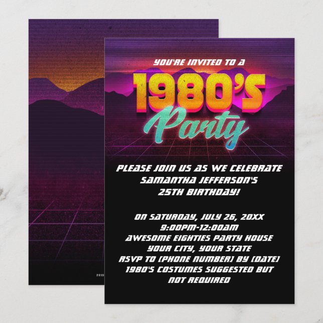 Invitation Fête d'anniversaire Rétro Coucher de Soleil 80s an (Devant / Derrière)