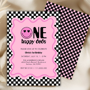Invitation Fête d'anniversaire rétro d'un garçon heureux rose
