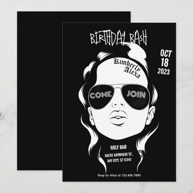 Invitation Fête d'anniversaire rock de fille gangsta noire (Devant / Derrière)