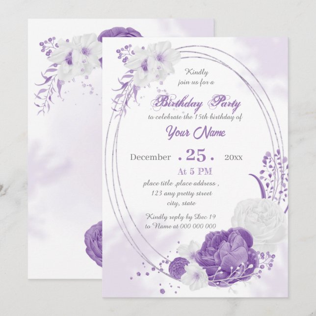 Invitation fête d'anniversaire romantique blanche violet géom (Devant / Derrière)
