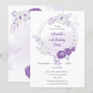 Invitation fête d'anniversaire romantique blanche violet géom