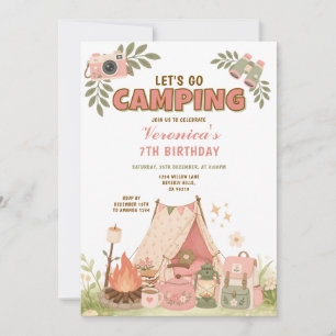 Invitation Fête d'anniversaire rose : Allons camper, aventure