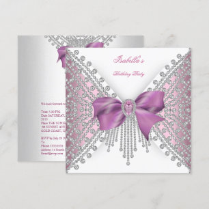Invitation Fête d'anniversaire Rose Argent Blanc Diamant Arc 