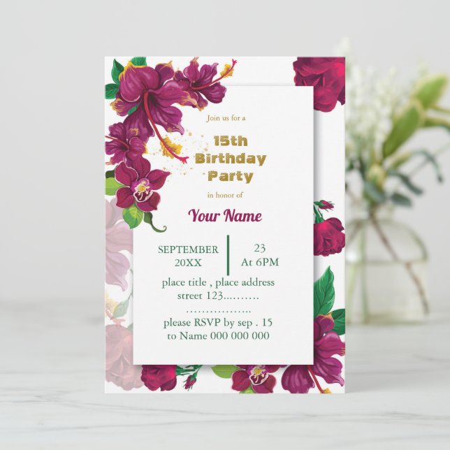 Invitation fête d'anniversaire rose aux fleurs d'hibiscus bor (Debout devant)