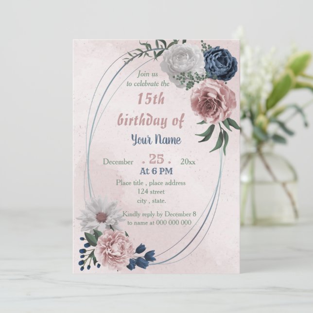 Invitation fête d'anniversaire rose bleu et blanc floral (Debout devant)