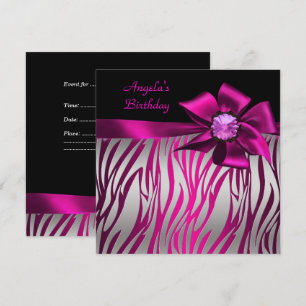 Invitation Fête d'anniversaire Rose Bow Noir Rose Zèbre Argen