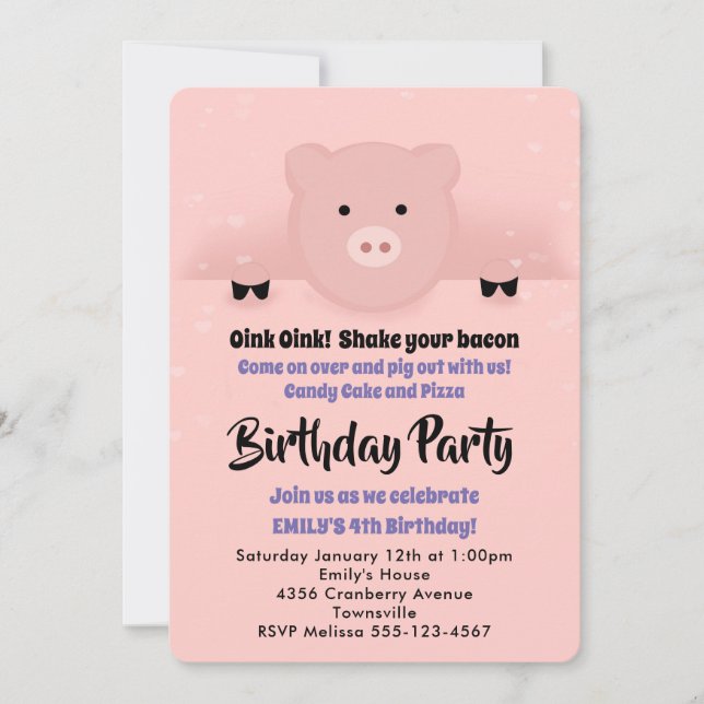 Invitation Fête d'anniversaire rose capricieuse de cochon (Devant)