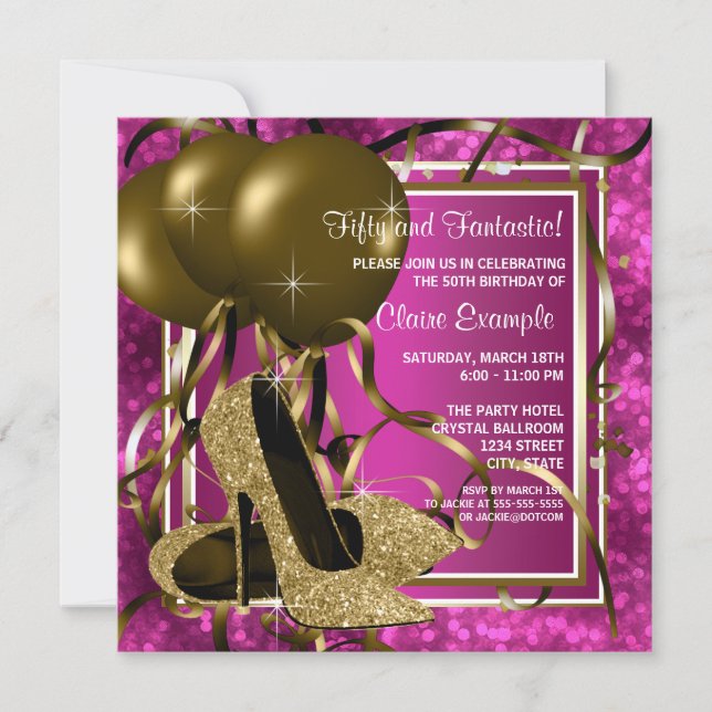 Invitation Fête d'anniversaire rose chaud des femmes talons h (Devant)