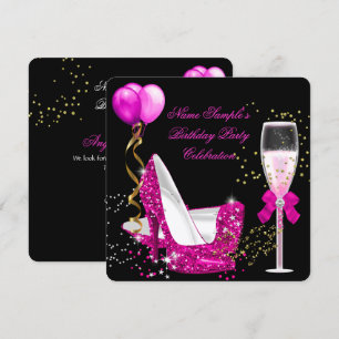Invitation Fête d'anniversaire rose chaud or paillettes noir