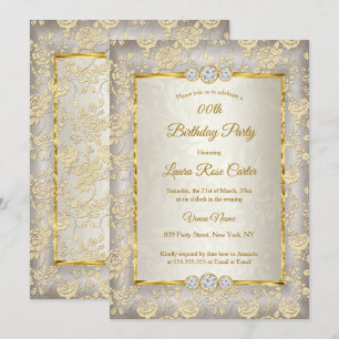 Invitation Fête d'anniversaire rose damassé floral beige or