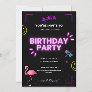 Invitation Fête d'anniversaire rose et noir moderne Neon Futu
