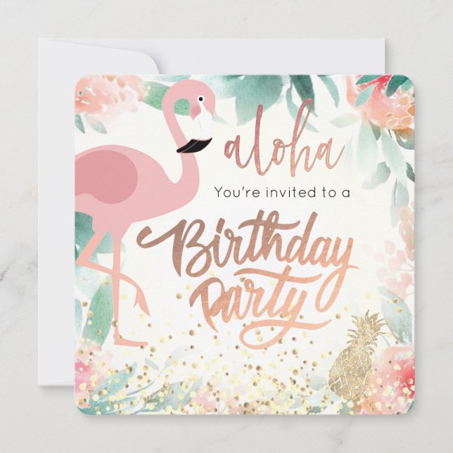 Invitation fête d'anniversaire rose flamand (Devant)