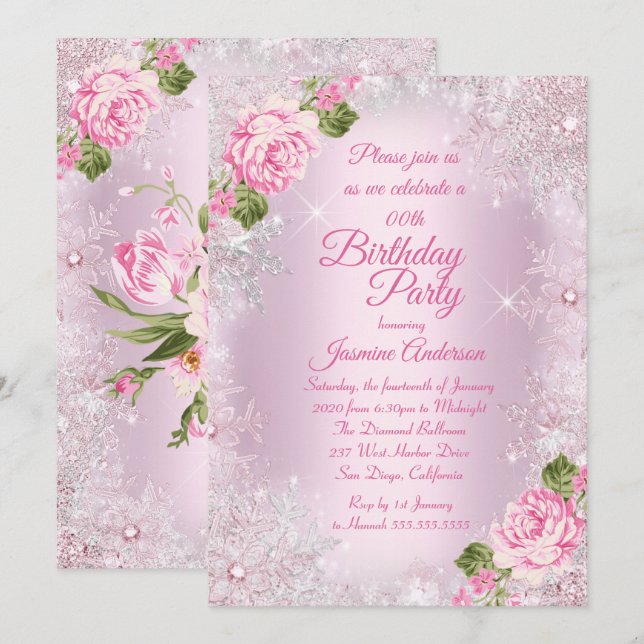 Invitation Fête d'anniversaire rose Floral hiver Wonderland (Devant / Derrière)