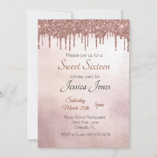 Invitation Fête d'anniversaire Rose Gold Drips 16 ans