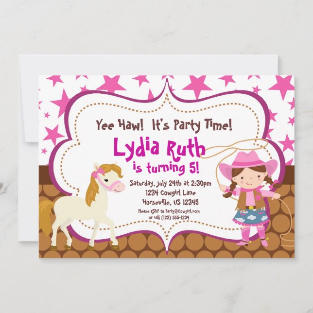 Invitation Fête d'anniversaire rose lumineuse de cow-girl et (Devant)
