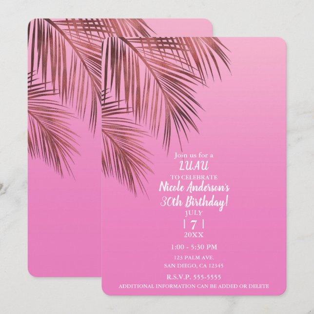 Invitation Fête d'anniversaire Rose Palmier Bronze Bahama Bre (Devant / Derrière)